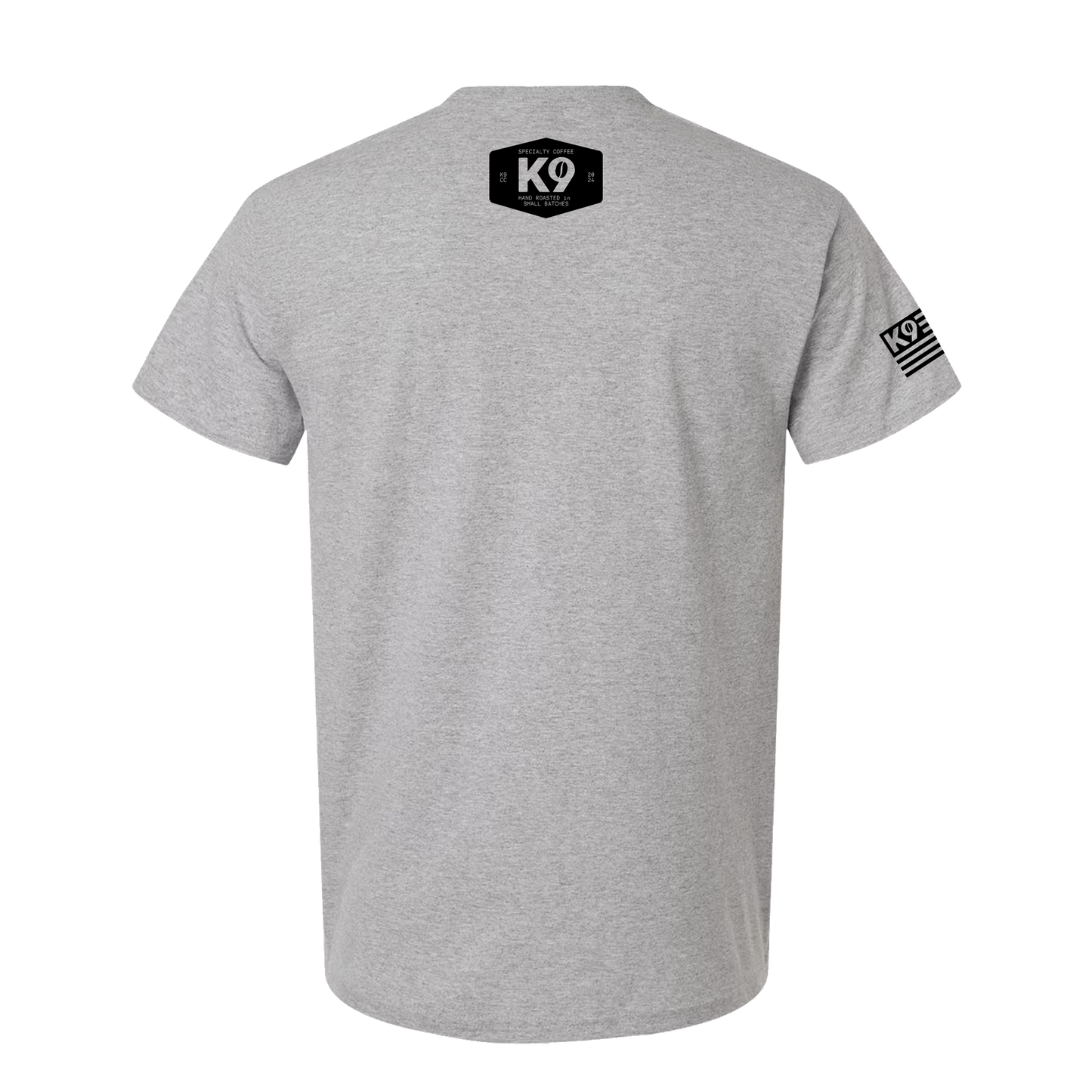 back view of k9 coffee roasted in florida t shirt