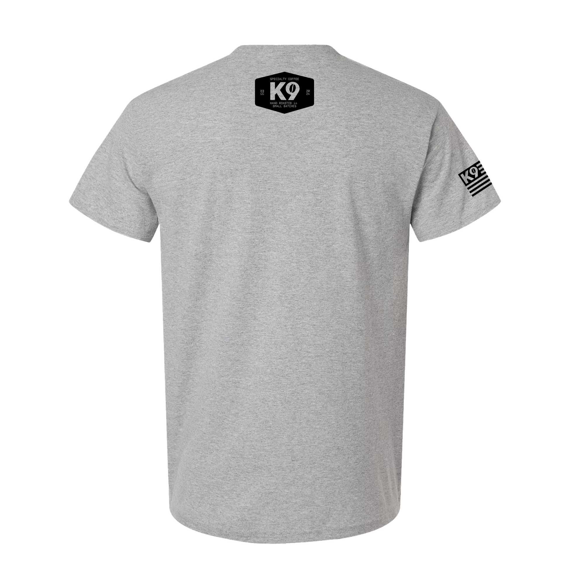 back view of k9 coffee roasted in florida t shirt