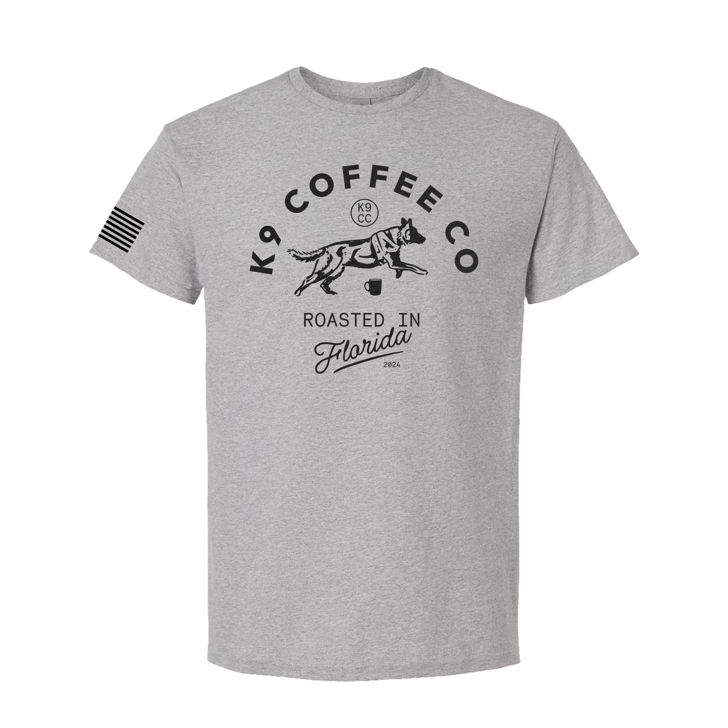 front view of k9 coffee roasted in florida shirt