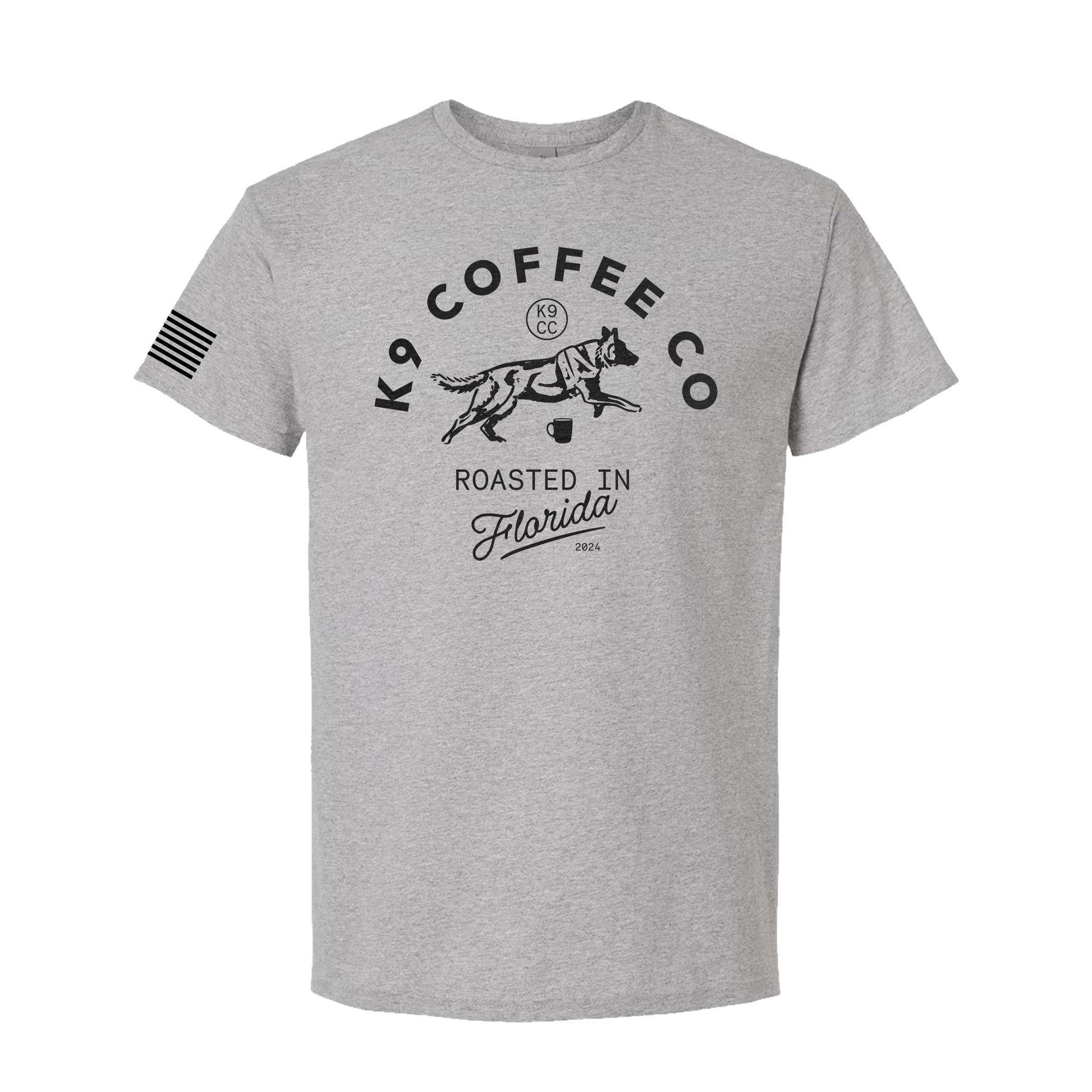front view of k9 coffee roasted in florida shirt