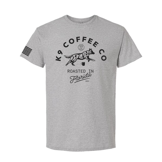 front view of k9 coffee roasted in florida shirt